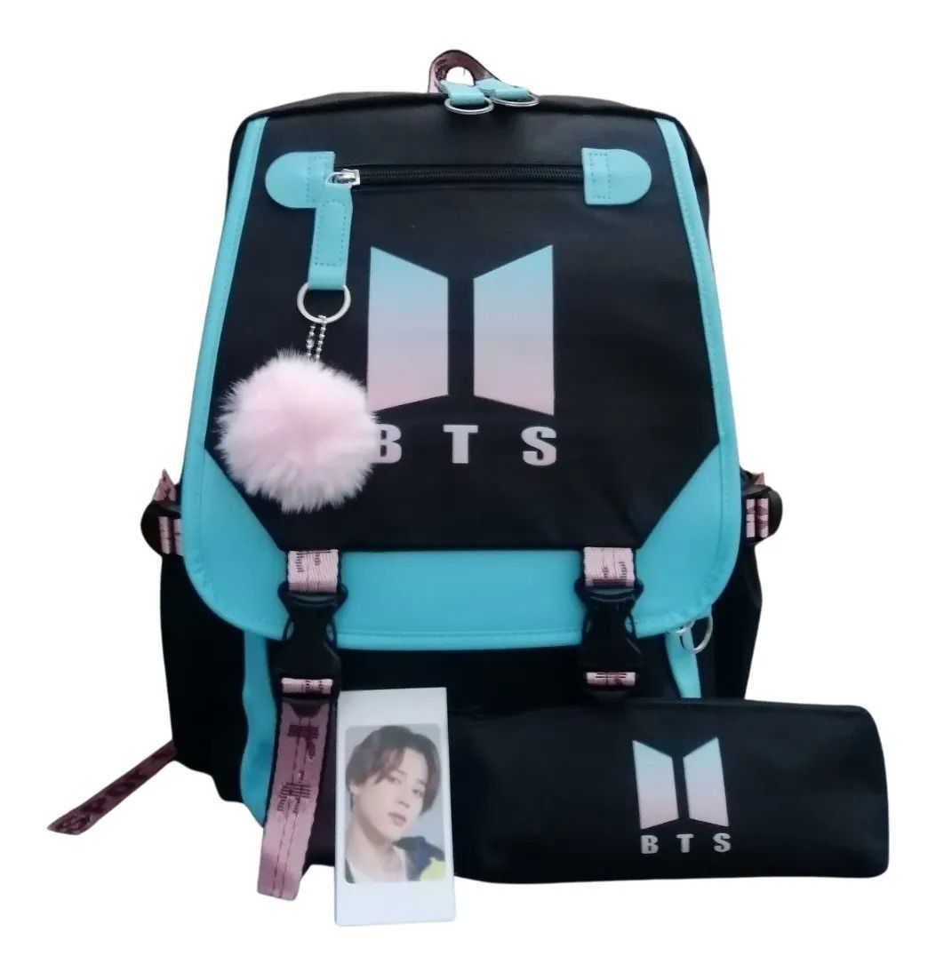 MOCHILA ESCOLAR BTS color celeste